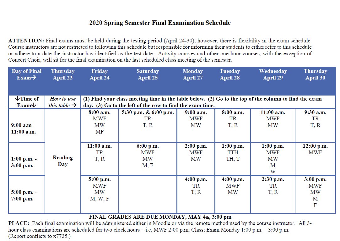 2020 Spring Semester Final Exam Schedule Tougaloo College